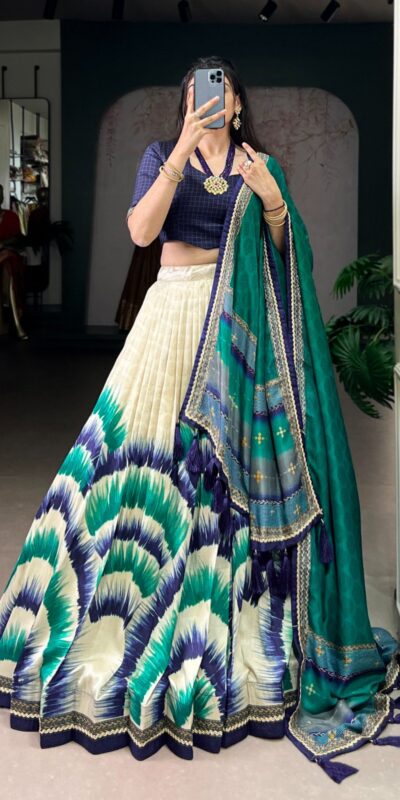 Navy Blue Taser Silk Printed Lehenga Choli