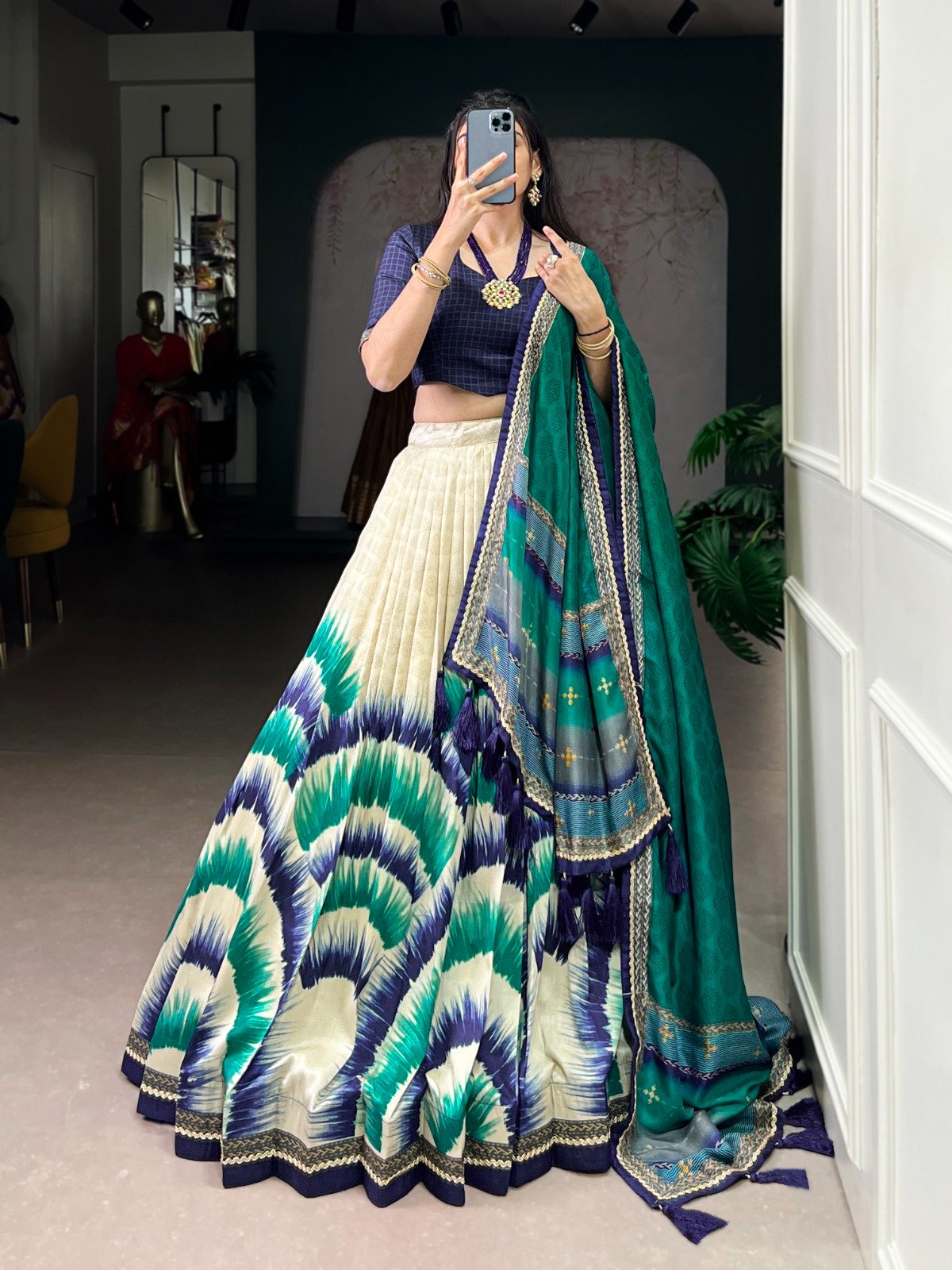 Navy Blue Taser Silk Printed Lehenga Choli