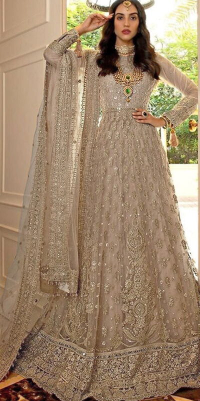 Off White Net Embroidery Mirror Work Anarkali Suit