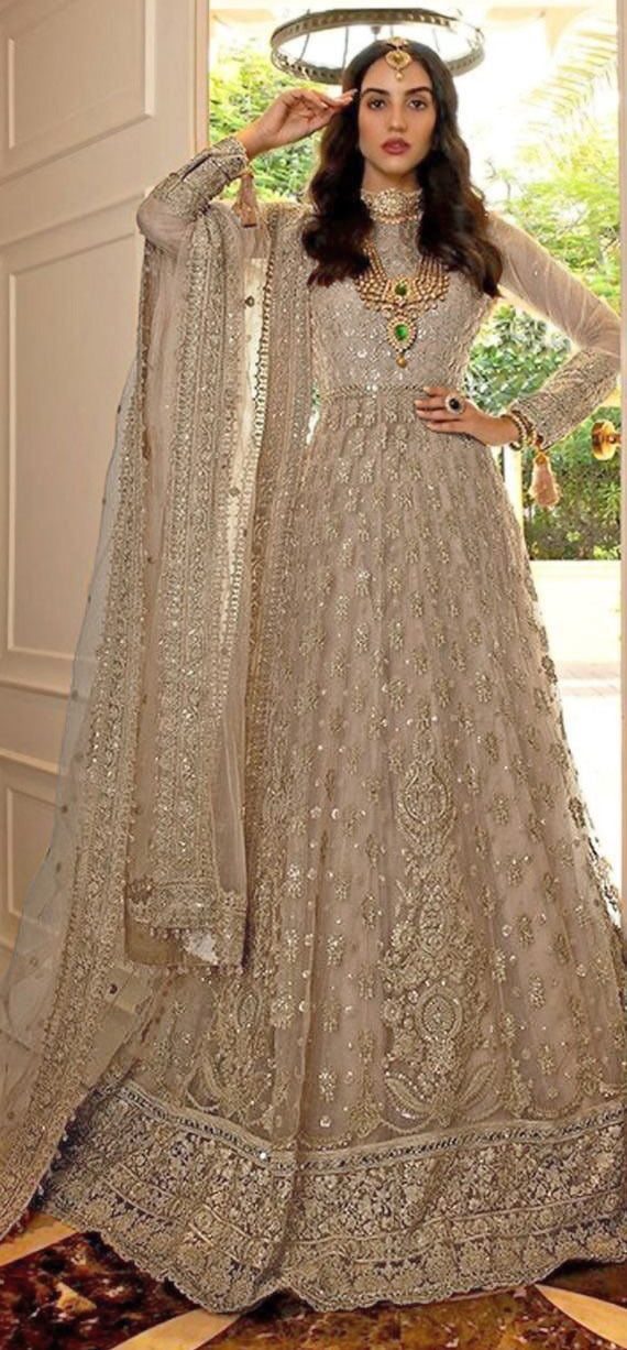 Off White Net Embroidery Mirror Work Anarkali Suit