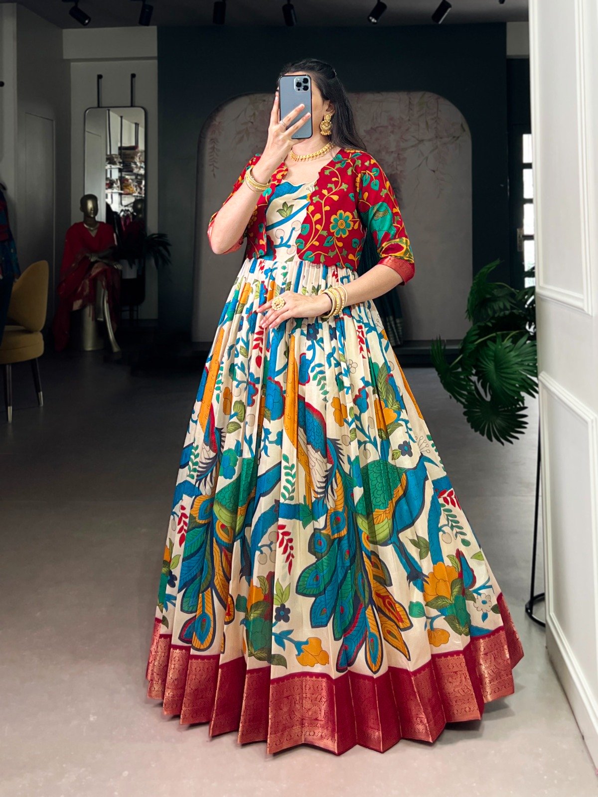 Off White Taser Silk Zari Work Kalamkari Print Gown - Image 2