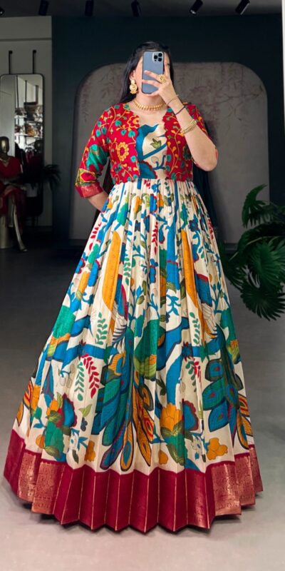 Off White Taser Silk Zari Work Kalamkari Print Gown