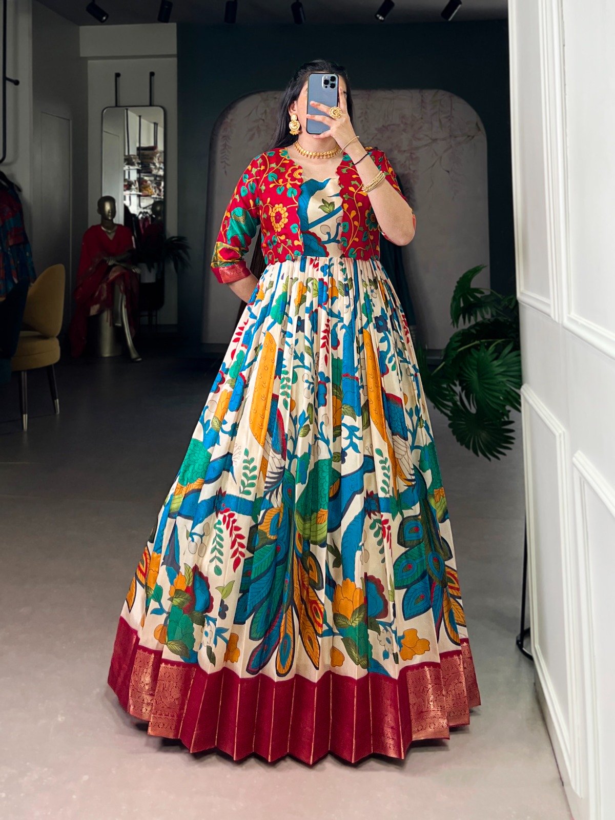 Off White Taser Silk Zari Work Kalamkari Print Gown