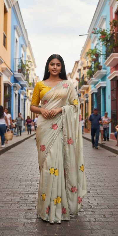 Off White Viscose Rangoli Embroidery Mirror Work Saree