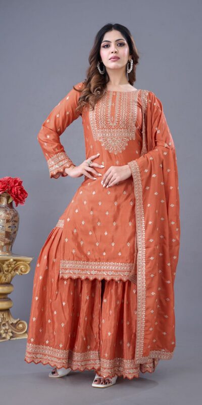 ZF 5006 Orange Color Chinon Silk Sequence Work Salwar Suit Casual, Wedding, Festive, Events . Expected Delivery  4-6 Working Days @2149/- only      | Jump Suits, Salwar suit, Casual Suits, Creative suits, Designer Suits, Palazzo Suits, Party Wear Suits, Patiala Suits, Straight Suits