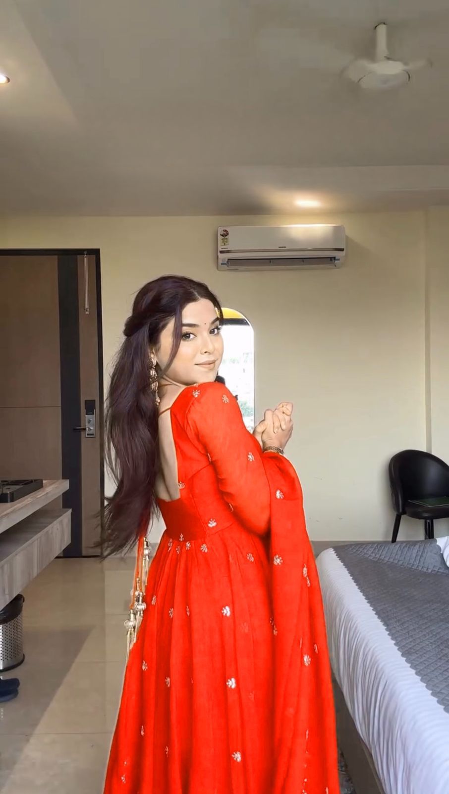 Orange Georgette Embroidery Work Gown - Image 3