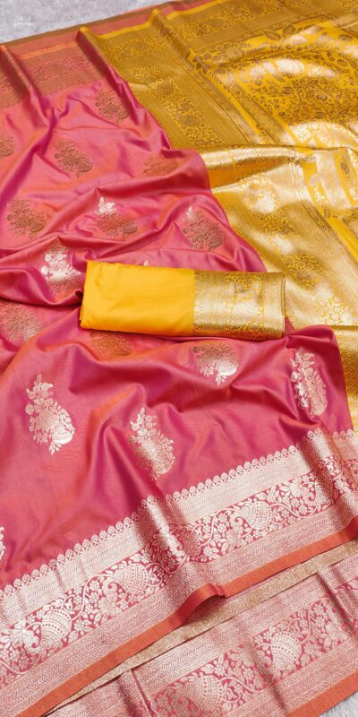 Peach Banarasi Silk Zari Lace Work All Over Saree