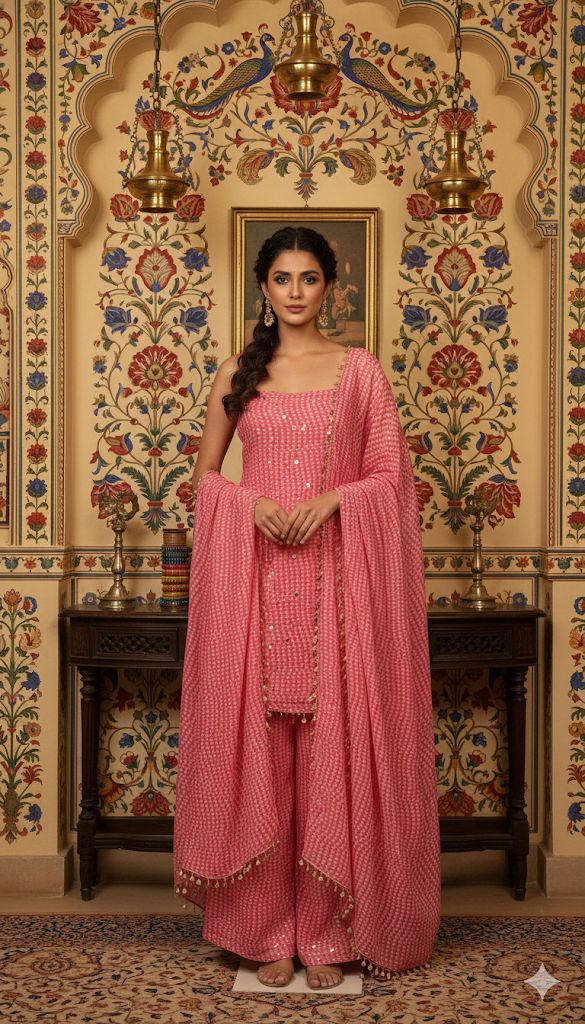 Peach Faux Georgette Sequins Mirror Work Salwar Suit - Image 6