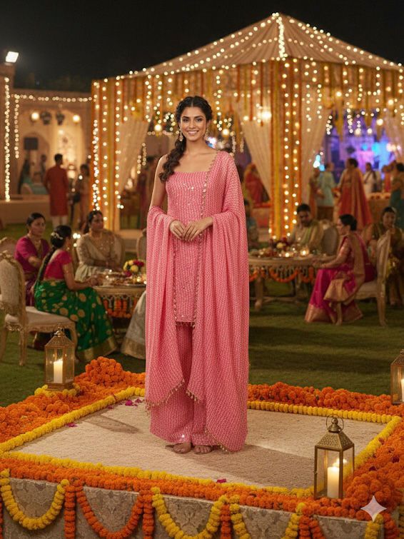 Peach Faux Georgette Sequins Mirror Work Salwar Suit - Image 5