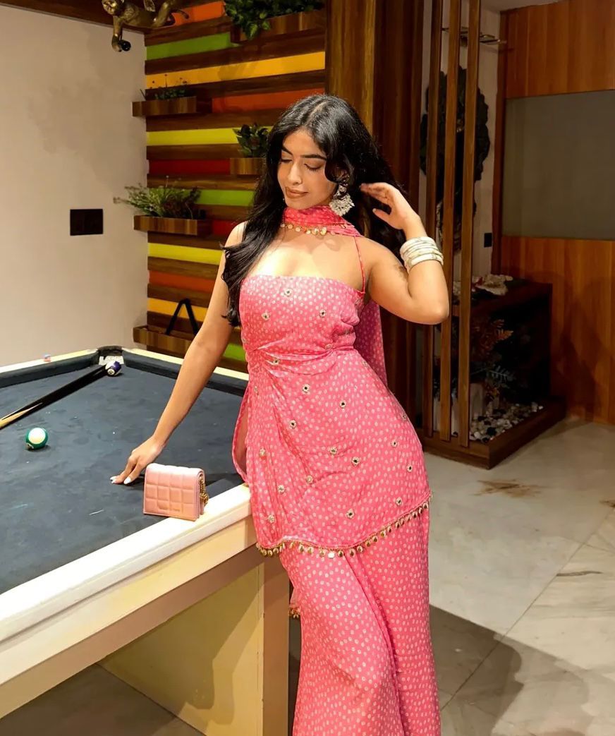 Peach Faux Georgette Sequins Mirror Work Salwar Suit