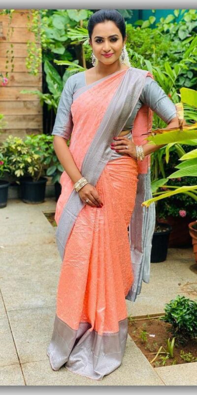 Peach Soft Lichi Silk Border Lace Work Saree