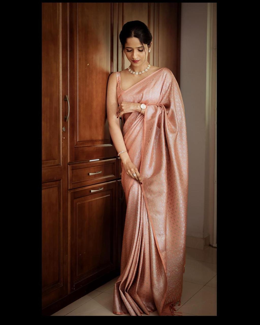 Peach Soft Lichi Silk Rich Pallu On All Over Saree - Image 3