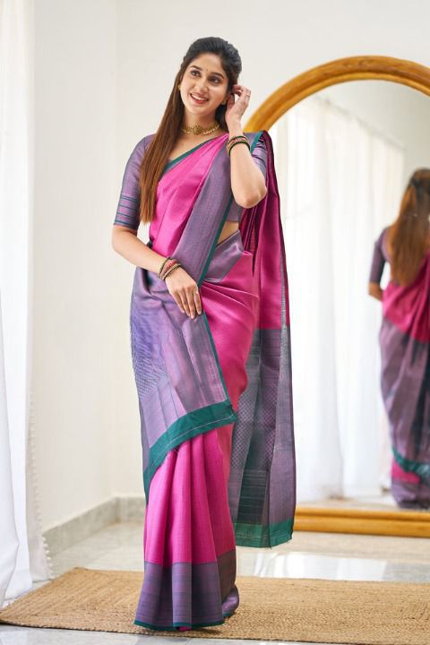 Pink Lichi Silk Jacquard Work Saree - Image 2