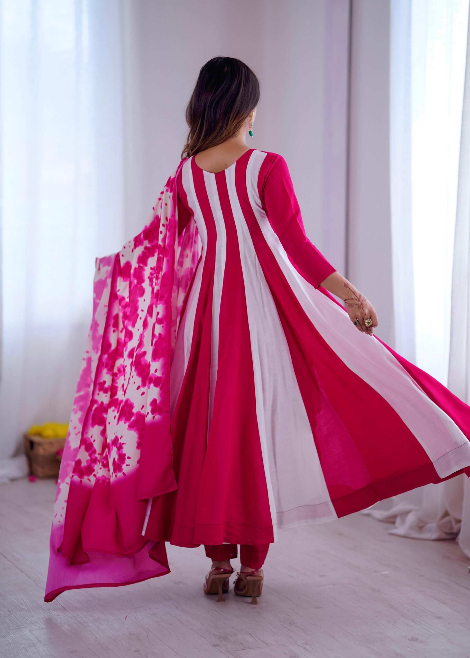 Pink Roman Silk Embroidery Work Digital Print Gown - Image 13