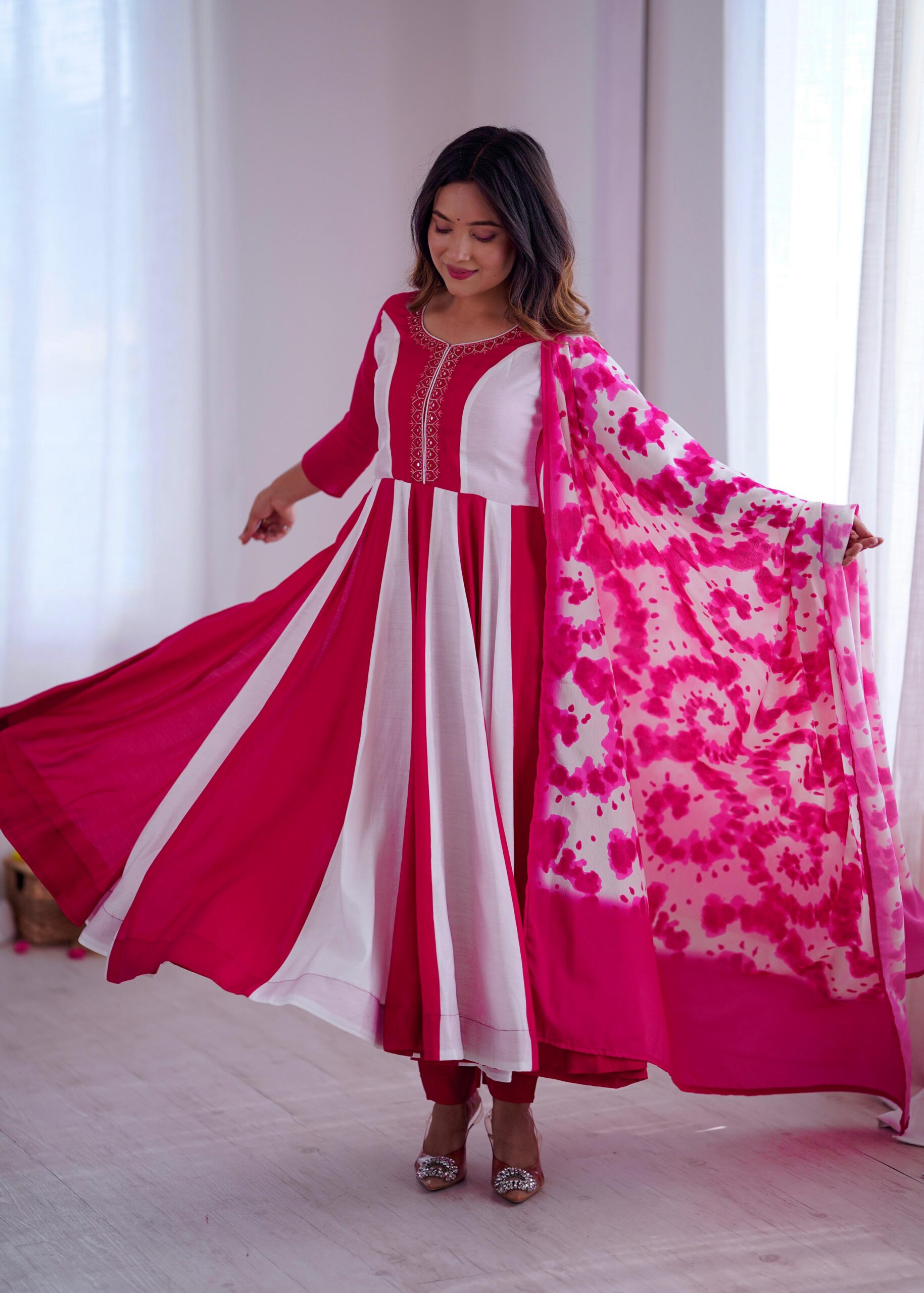 Pink Roman Silk Embroidery Work Digital Print Gown - Image 4