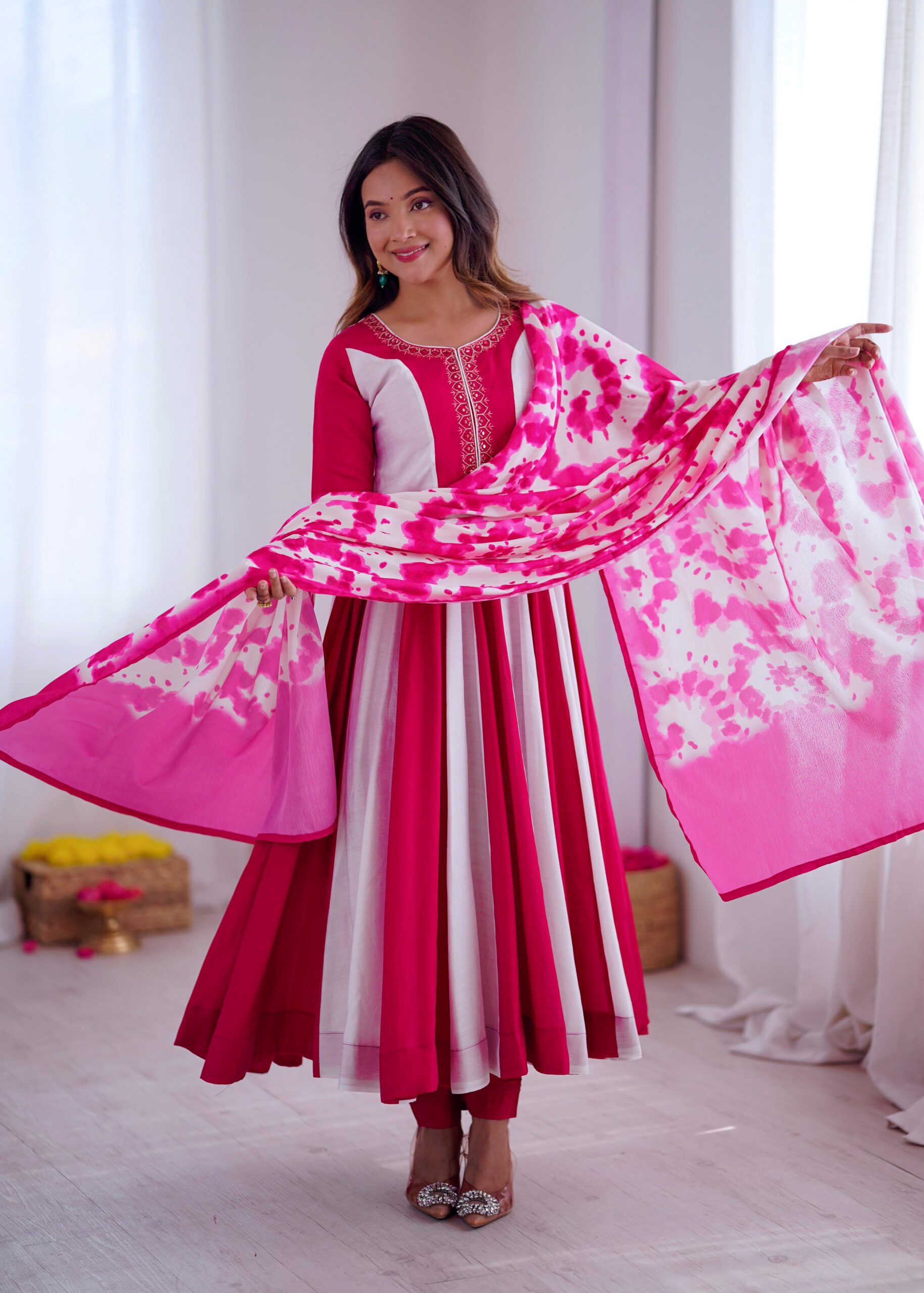 Pink Roman Silk Embroidery Work Digital Print Gown