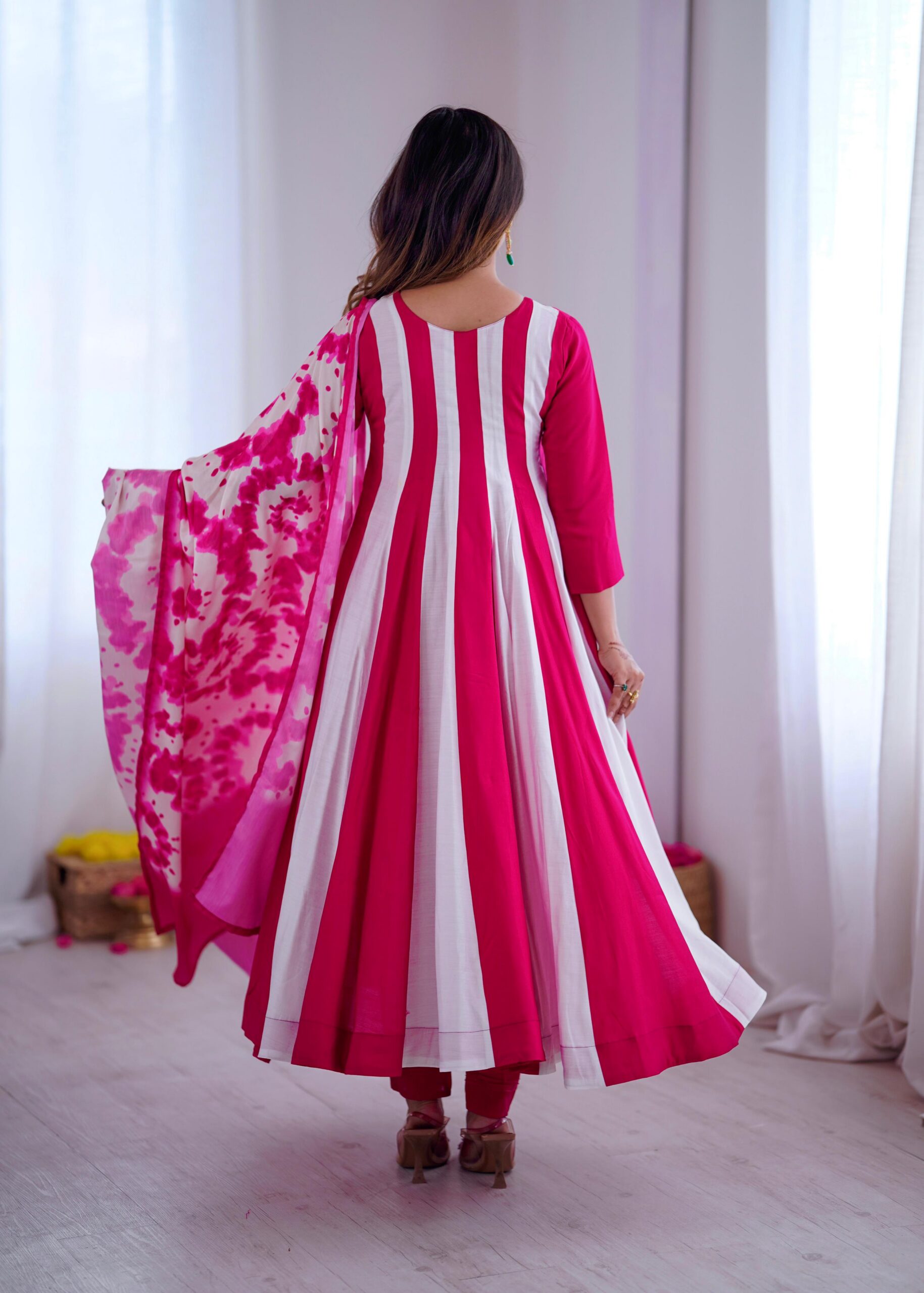 Pink Roman Silk Embroidery Work Digital Print Gown - Image 11