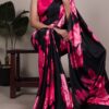 Pink Satin Silk Floral Print Saree
