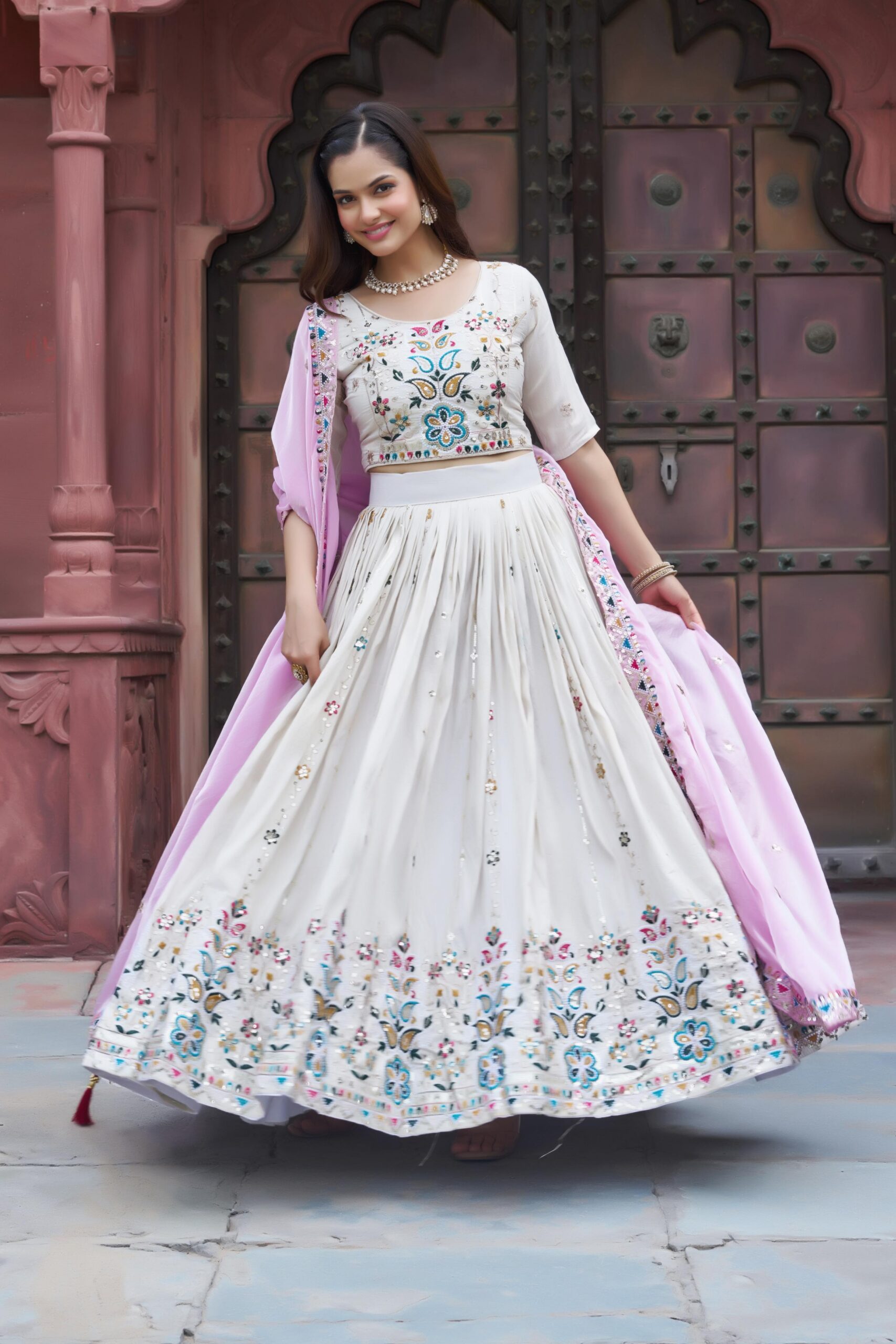 Pink Tissue Silk Thread Embroidery Work Lehenga Choli - Image 2