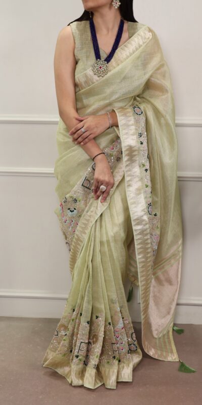 Pista Kota Tissue Zari Embroidery Work Saree