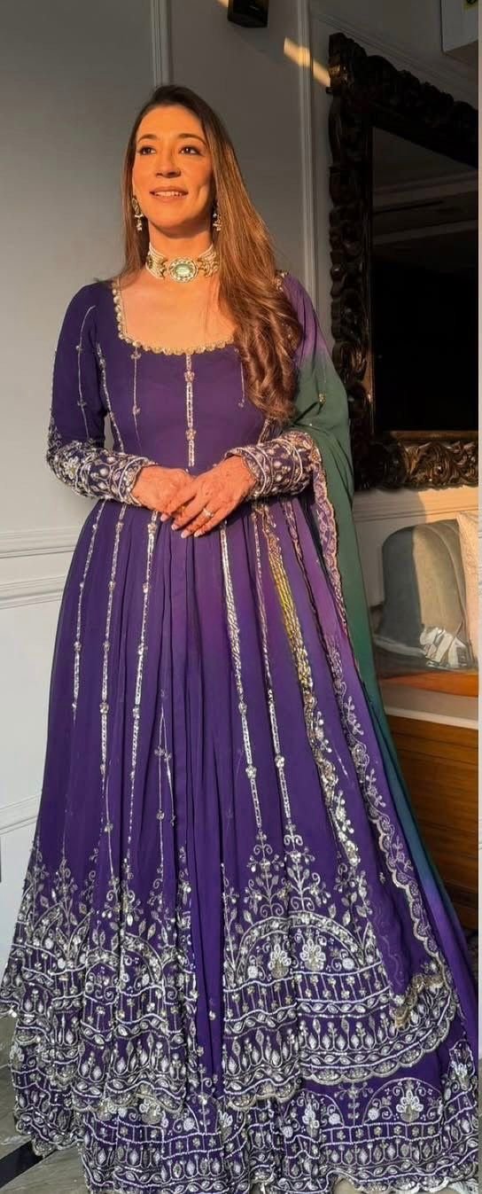 Purple Faux Georgette Lace Work Digital Print Lehenga Choli