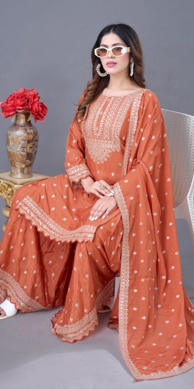 ZF 5006 Orange Color Chinon Silk Sequence Work Salwar Suit Casual, Wedding, Festive, Events . Expected Delivery  4-6 Working Days @2149/- only      | Jump Suits, Salwar suit, Casual Suits, Creative suits, Designer Suits, Palazzo Suits, Party Wear Suits, Patiala Suits, Straight Suits