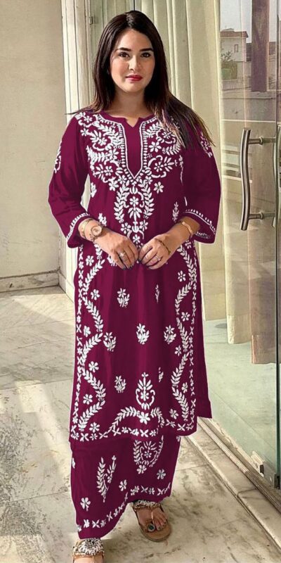 Rani Pink Rayon Wid Lakhnavi  Style Work Kurti