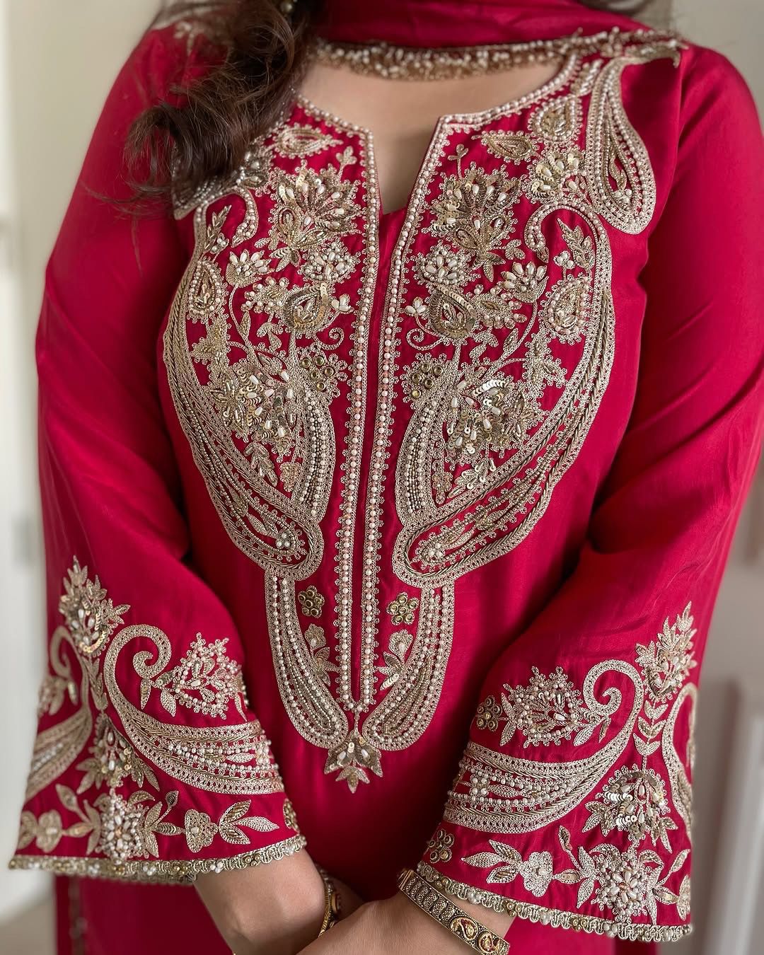 Red Chinnon Silk With Sequence Salwar Suit - Image 4