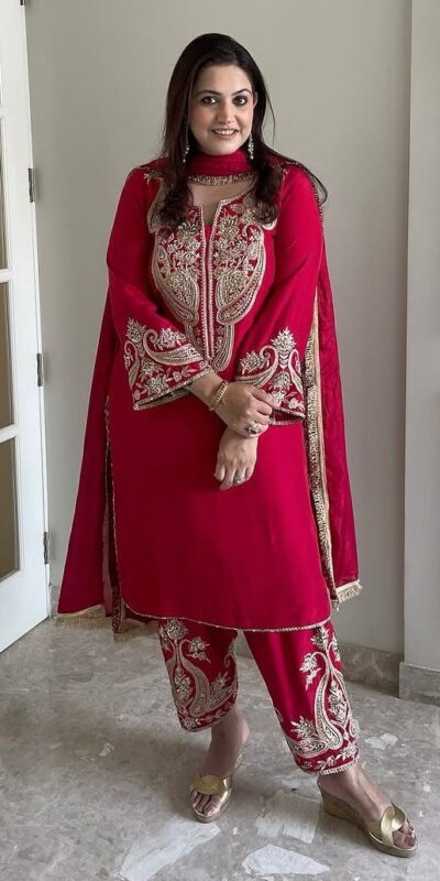 Red Chinnon Silk With Sequence Salwar Suit