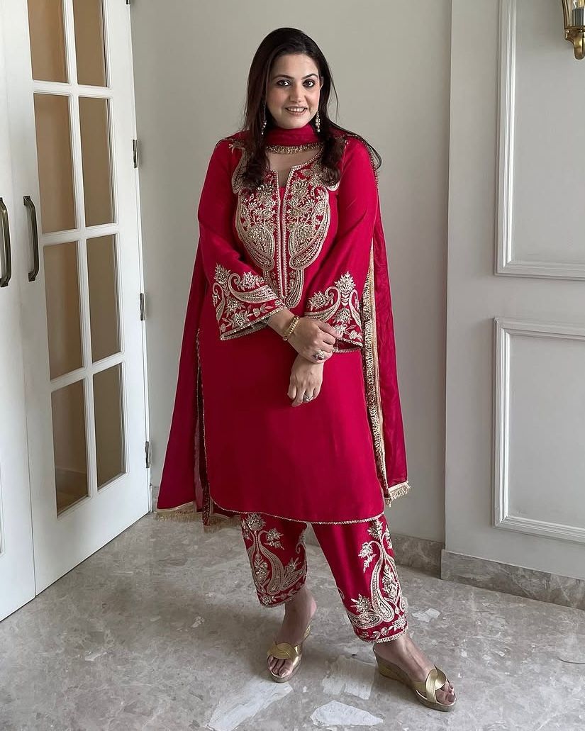 Red Chinnon Silk With Sequence Salwar Suit