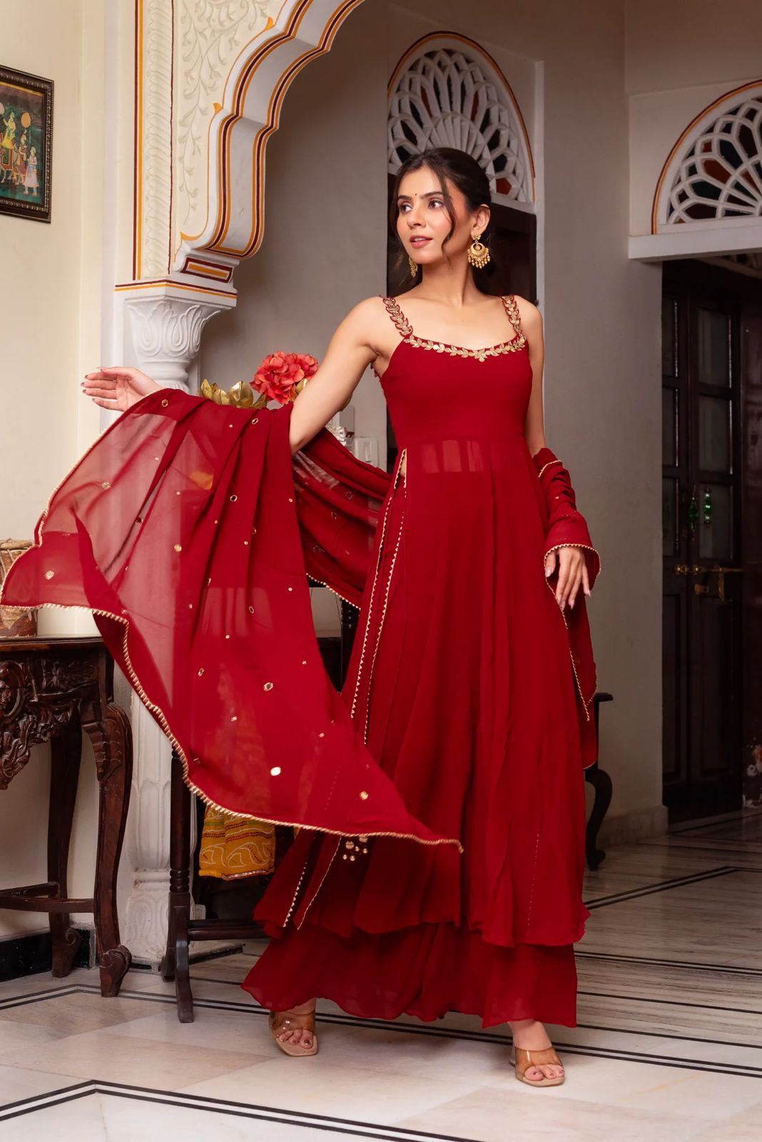 Red Faux Georgette Lace Mirror Work Salwar Suit