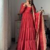 Red Faux Georgette Ruffle Style Gown