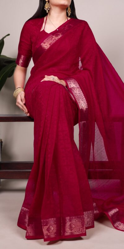 Red Poly Shimmer With Zari Work Saree