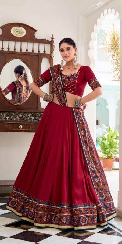Red Tasar Gamthi Print Work Lehenga Choli