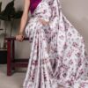Silver Satin Silk Floral Print Saree