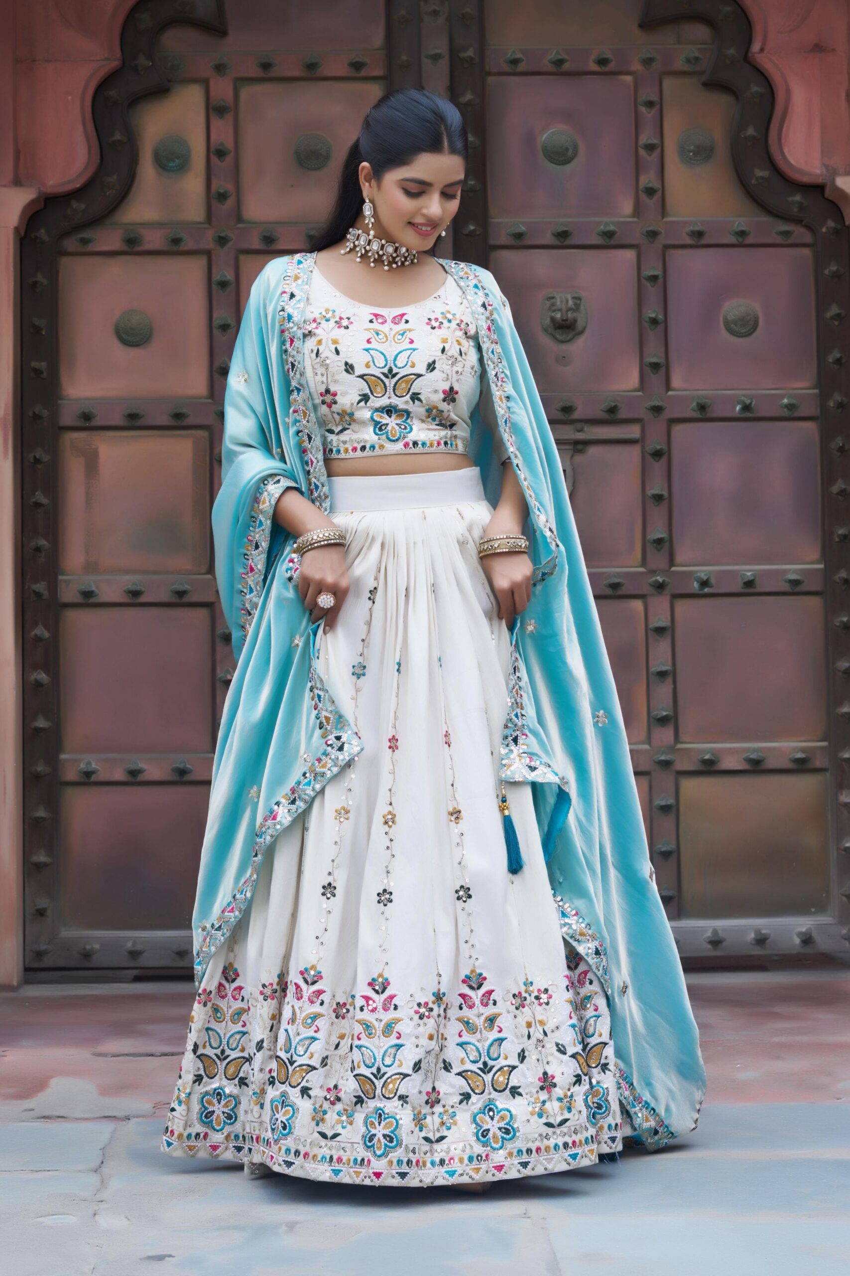 Sky Blue Tissue Silk Thread Embroidery Work Lehenga Choli - Image 7