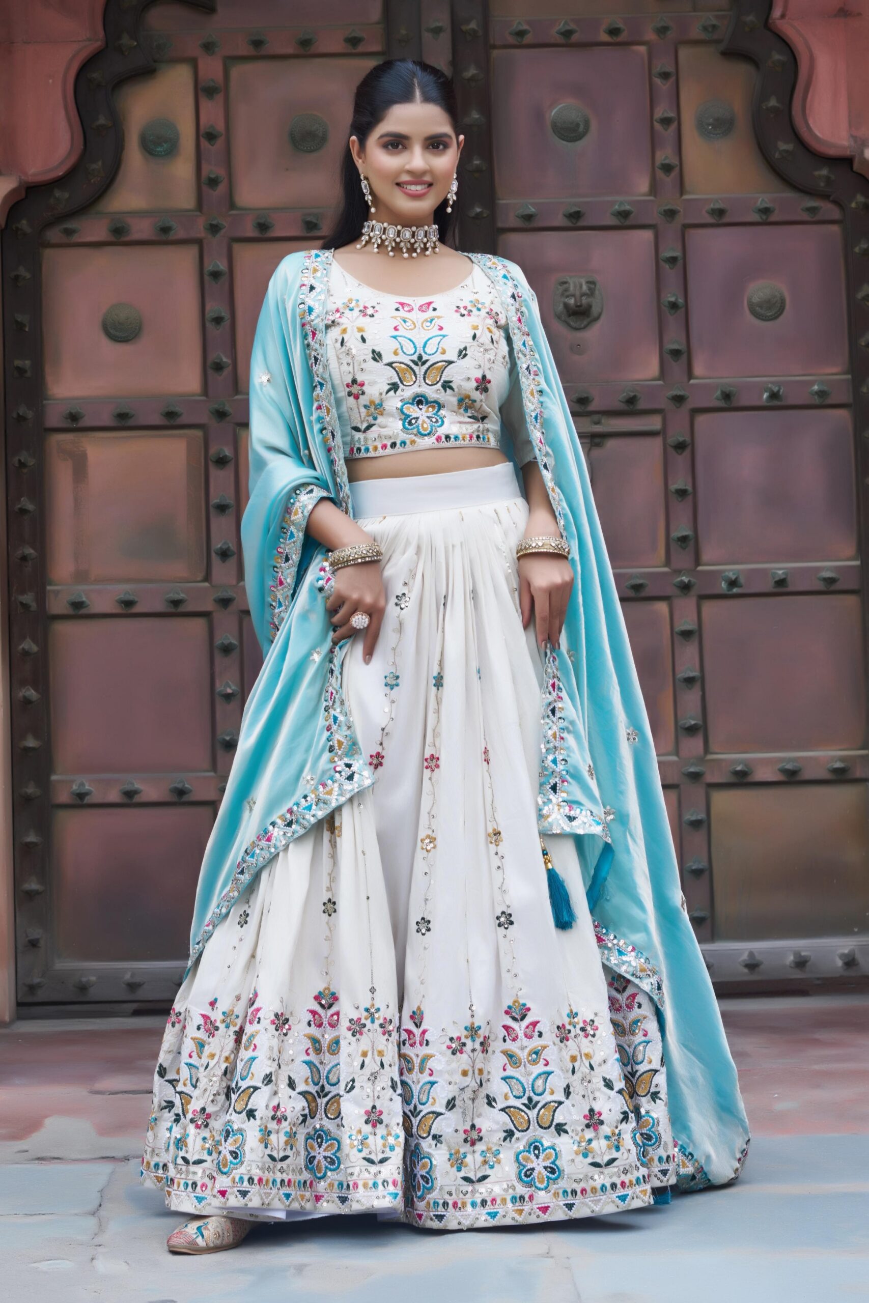 Sky Blue Tissue Silk Thread Embroidery Work Lehenga Choli - Image 5