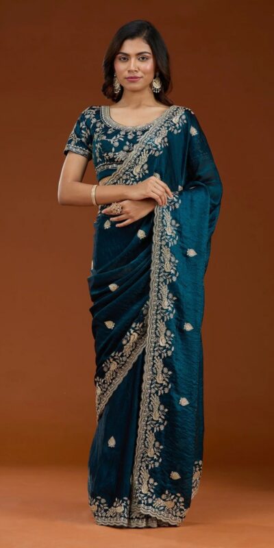 Teal Fandy Satin Silk Embroidery Work Saree