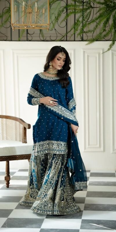 Teal Faux Georgette Embroidery Rivet Moti Work Salwar Suit