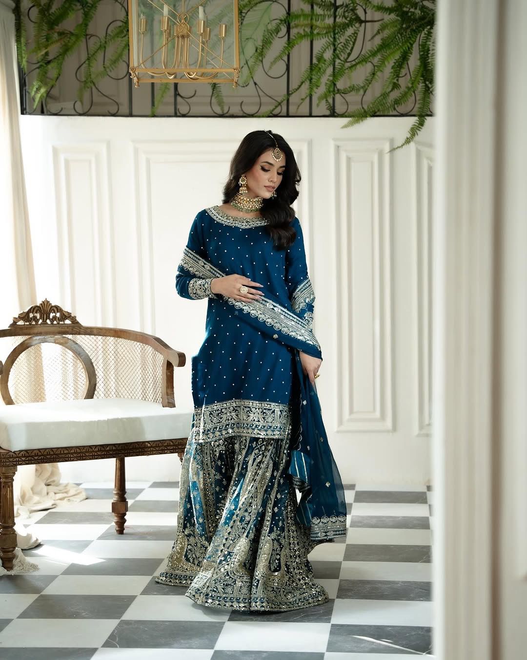 Teal Faux Georgette Embroidery Rivet Moti Work Salwar Suit