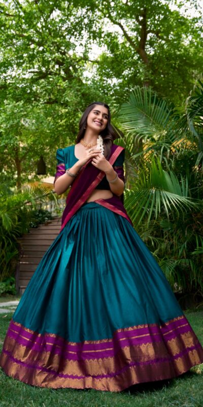 Teal Poly Cotton Lace Work Zari Lehenga Choli