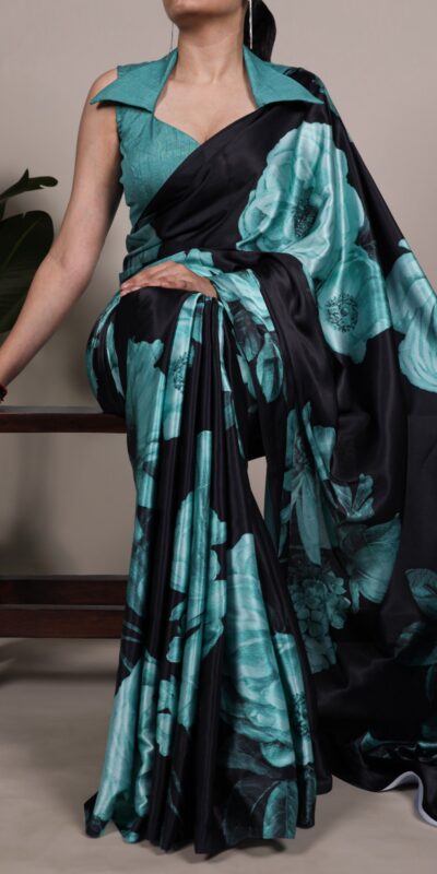 Teal Satin Silk Floral Print Saree