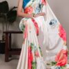 White Satin Silk Floral Print Saree