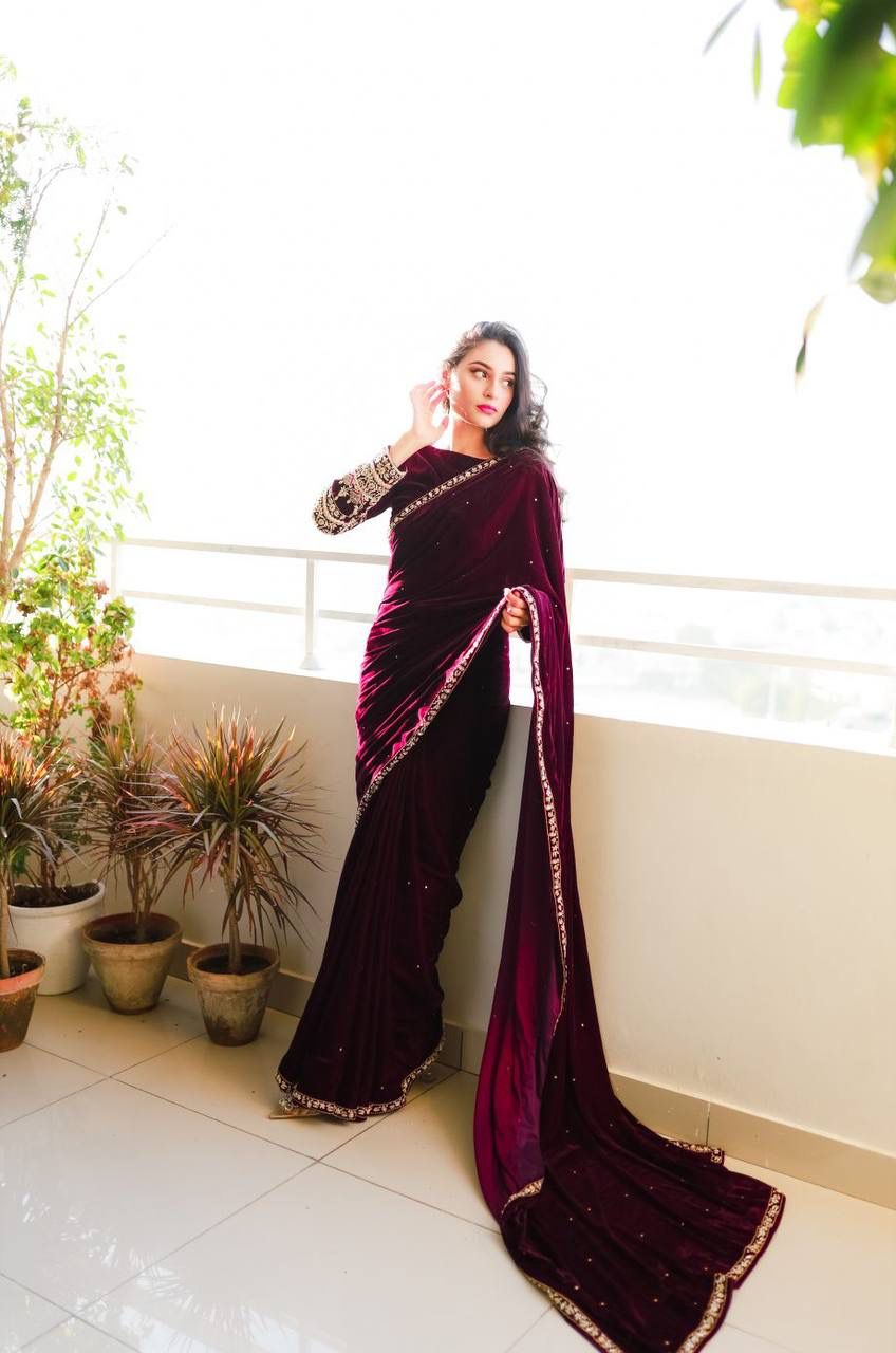 Wine 9000 Velvet Embroidery Lace Work Saree - Image 7