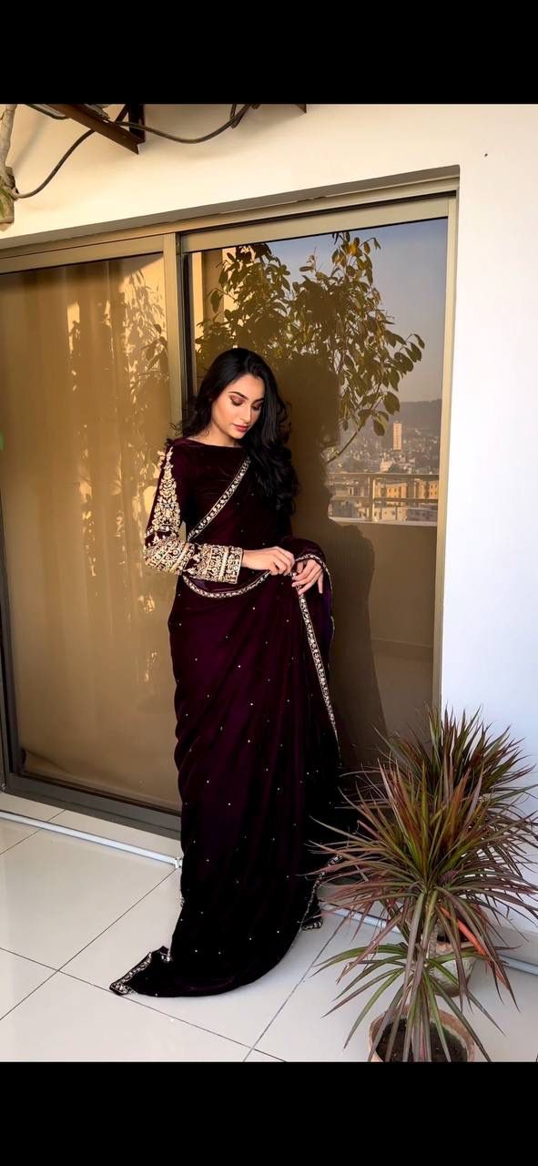 Wine 9000 Velvet Embroidery Lace Work Saree - Image 2