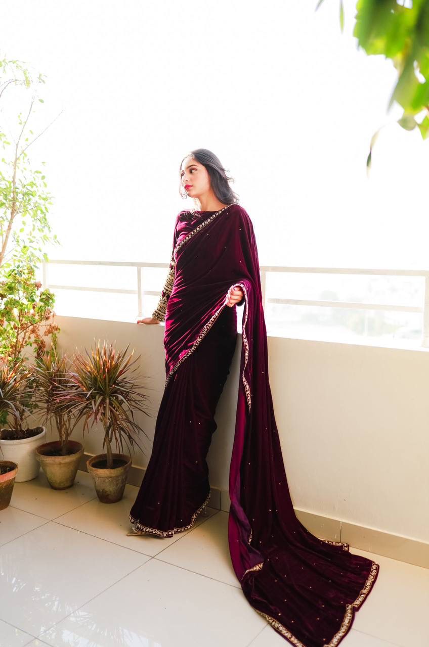 Wine 9000 Velvet Embroidery Lace Work Saree