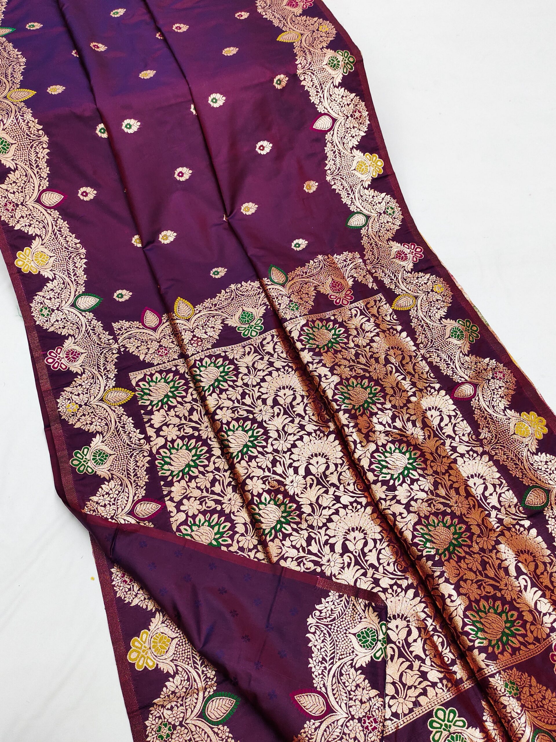 Wine Banarasi Lace Work Gold Zari Border Saree
