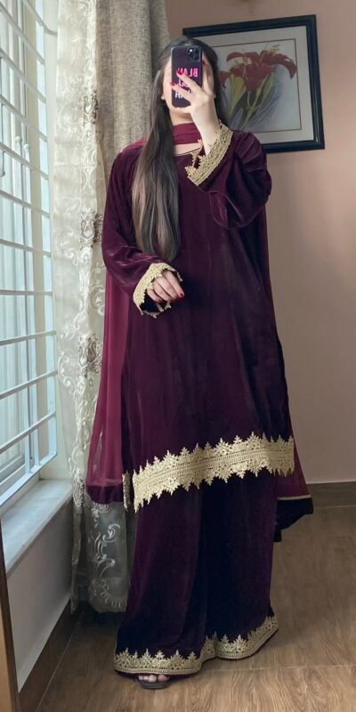 Wine Georgette Lace Embroidery Work Salwar Suit