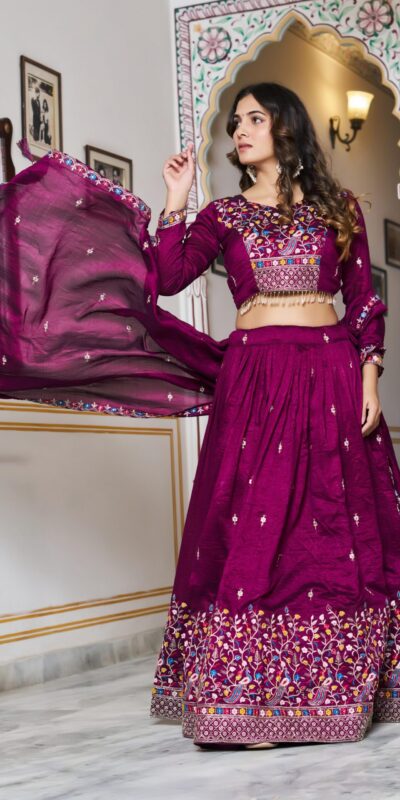 Wine Vichitra Silk Embroidery Work Lehenga Choli