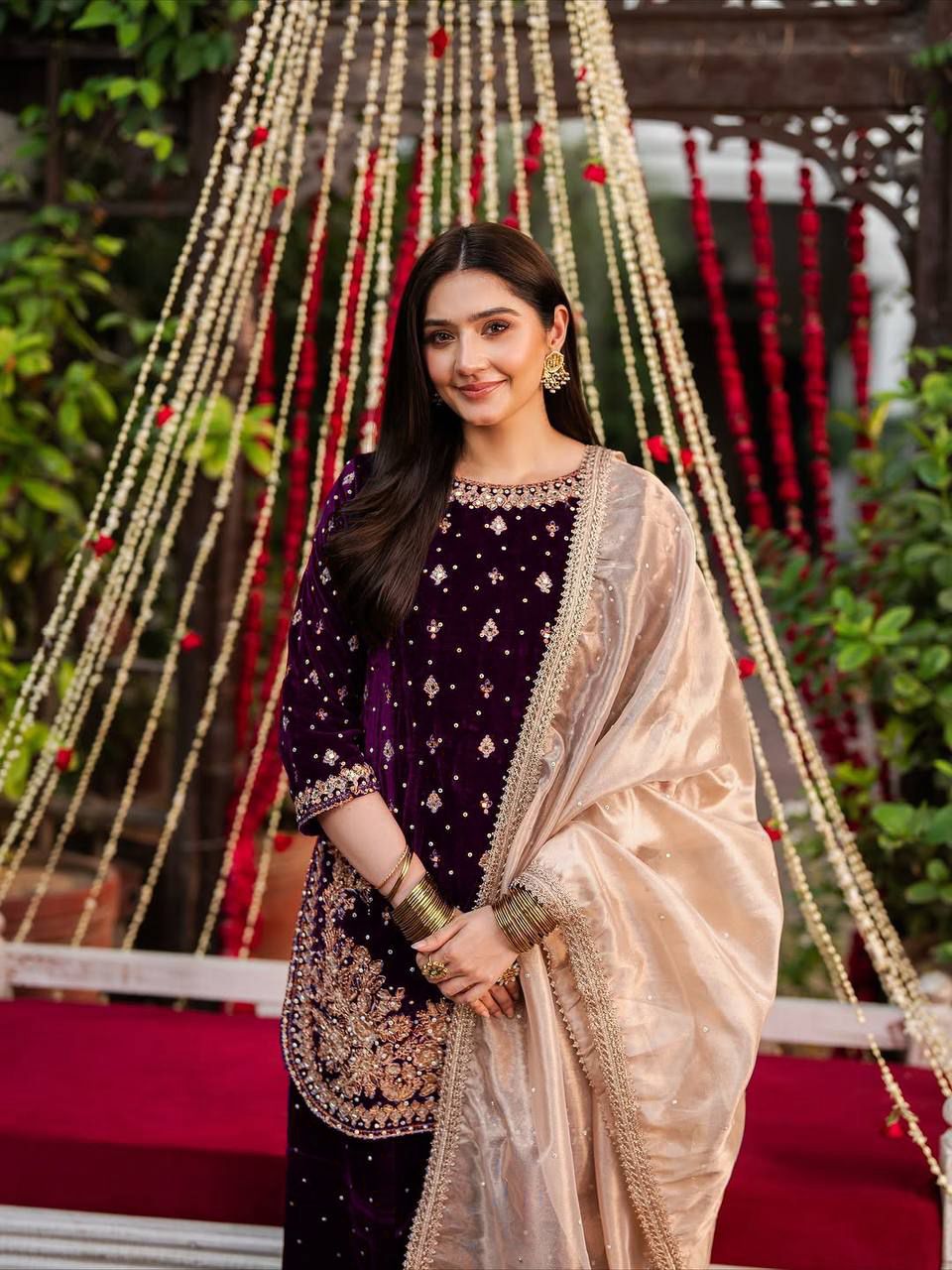 Wine Viscose Velvet Thread Sequence Work Salwar Suit - Image 3